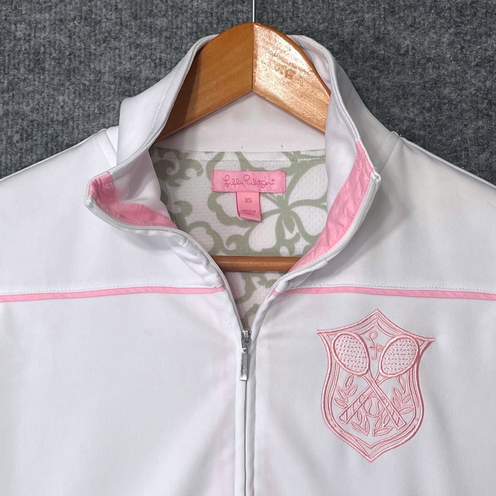 Lilly Pulitzer Womens XS White Pink Tennis Crest Full Zip Track Jacket Mock Neck